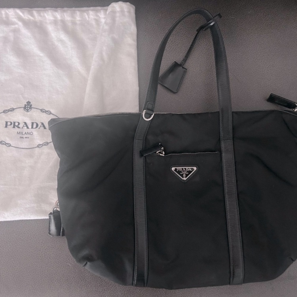 Authentic Prada nylon Laptop /tote bag with Leather Trim, Lock, Key, Prada Dusty